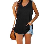 ASKSA Womens Summer Sleeveless Shirts V Neck Tank Tops Casual Flowy Vest Top (Black,XL)