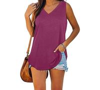 ASKSA Womens Summer Sleeveless Shirts V Neck Tank Tops Casual Flowy Vest Top (Fuchsia,L)