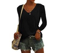 ASKSA Womens T-Shirt V Neck Tunic Tops Plain Long Sleeve Shirts Casual Loose Basic Tee Top (Black,XL)