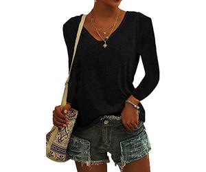 ASKSA Womens T-Shirt V Neck Tunic Tops Plain Long Sleeve Shirts Casual Loose Basic Tee Top (Black,XL)
