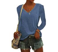 ASKSA Womens T-Shirt V Neck Tunic Tops Plain Long Sleeve Shirts Casual Loose Basic Tee Top (Blue,L)