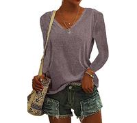 ASKSA Womens T-Shirt V Neck Tunic Tops Plain Long Sleeve Shirts Casual Loose Basic Tee Top (Gray Brown,L)