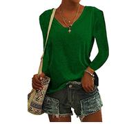 ASKSA Womens T-Shirt V Neck Tunic Tops Plain Long Sleeve Shirts Casual Loose Basic Tee Top (Green,S)
