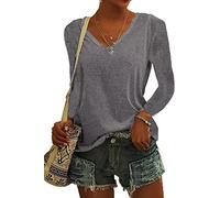 ASKSA Womens T-Shirt V Neck Tunic Tops Plain Long Sleeve Shirts Casual Loose Basic Tee Top (Grey,XXL)