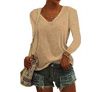 ASKSA Womens T-Shirt V Neck Tunic Tops Plain Long Sleeve Shirts Casual Loose Basic Tee Top (Khaki,M)