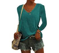 ASKSA Womens T-Shirt V Neck Tunic Tops Plain Long Sleeve Shirts Casual Loose Basic Tee Top (Lake Blue,L)