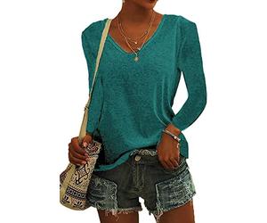 ASKSA Womens T-Shirt V Neck Tunic Tops Plain Long Sleeve Shirts Casual Loose Basic Tee Top (Lake Blue,M)