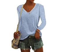 ASKSA Womens T-Shirt V Neck Tunic Tops Plain Long Sleeve Shirts Casual Loose Basic Tee Top (Light Blue,XXL)