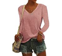 ASKSA Womens T-Shirt V Neck Tunic Tops Plain Long Sleeve Shirts Casual Loose Basic Tee Top (Pink,XL)