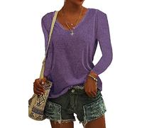 ASKSA Womens T-Shirt V Neck Tunic Tops Plain Long Sleeve Shirts Casual Loose Basic Tee Top (Purple,M)