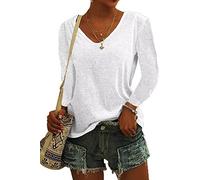 ASKSA Womens T-Shirt V Neck Tunic Tops Plain Long Sleeve Shirts Casual Loose Basic Tee Top (White,M)