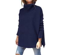 ASKSA Women's Turtleneck Oversized Sweaters Fall Long Batwing Sleeve Jumper Spilt Hem Tunic Pullover Sweater Knit Tops(Dark Blue,XXL)
