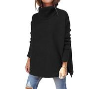 ASKSA Women's Turtleneck Oversized Sweaters Fall Long Batwing Sleeve Jumper Spilt Hem Tunic Pullover Sweater Knit Tops(Black,L)