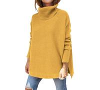 ASKSA Women's Turtleneck Oversized Sweaters Fall Long Batwing Sleeve Jumper Spilt Hem Tunic Pullover Sweater Knit Tops(Yellow,L)