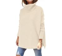 ASKSA Women's Turtleneck Oversized Sweaters Fall Long Batwing Sleeve Jumper Spilt Hem Tunic Pullover Sweater Knit Tops(Apricot,XL)