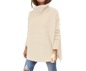 ASKSA Women's Turtleneck Oversized Sweaters Fall Long Batwing Sleeve Jumper Spilt Hem Tunic Pullover Sweater Knit Tops(Apricot,M)