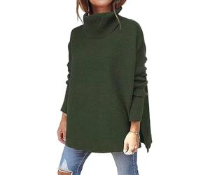 ASKSA Women's Turtleneck Oversized Sweaters Fall Long Batwing Sleeve Jumper Spilt Hem Tunic Pullover Sweater Knit Tops(Army Green,S)