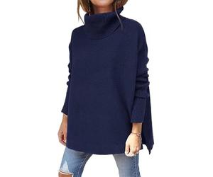 ASKSA Women's Turtleneck Oversized Sweaters Fall Long Batwing Sleeve Jumper Spilt Hem Tunic Pullover Sweater Knit Tops(Dark Blue,S)