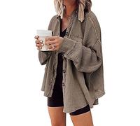 ASKSA Women's Waffle Knit Blouse Loose Fit Batwing Sleeve Button Down Shirt Shacket Tops