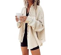 ASKSA Women's Waffle Knit Blouse Loose Fit Batwing Sleeve Button Down Shirt Shacket Tops(Apricot,L)