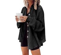 ASKSA Women's Waffle Knit Blouse Loose Fit Batwing Sleeve Button Down Shirt Shacket Tops(Black,S)
