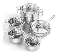 ASKSCICI Stainless Steel Pots and Pans Set Non-Toxic, 11 Pieces Kitchen Induction Cookware Set with Steamer, Frying Pans, Saucepan and Stockpots, Compatible with All Stovetops, Silver