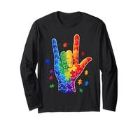 ASL I Love You Sign Language Puzzle Hand Autism Awareness Long Sleeve T-Shirt
