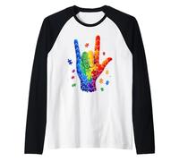 ASL I Love You Sign Language Puzzle Hand Autism Awareness Raglan Baseball Tee