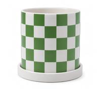 ASLASL Checkered Ceramic Planter Pot with Drainage Hole and Saucer, Black and White Planters Decor,Indoor Cylinder Round Planter Pot (Green, Medium)