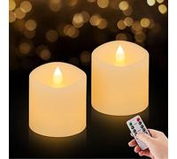 ASLDOIWEH 3x3 Flickering Flameless Candles Set of 2, 2AA Battery Life 600 Hours Battery Candles Flickering with Timer,3 inch Flameless Candles with Remote for Indoor/Outdoor, Ivory