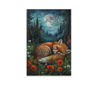 Asleep Under The Full Moon Art Poster Celestial Woodland Art Poster Moon And Flowers Wildflowers Nature Art Poster Sleeping Cub Enchanted Poster Canvas Poster Bedroom Decor Landscape Office Room Decor