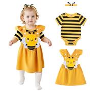 Asmea Baby Girl Clothes Cute Baby Girl Outfit with Bee Newborn Girls Clothes Set Infant Clothing + Ruffle Romper Cartoon Suspender Skirt + Bow Headband 3 Pieces 6-9 Months