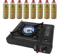 ASMGOLD Portable Gas Stove with Carry Case-For Outdoor Camping, Fishing and BBQ-Automatic Ignition System, Heat Control, Enamel Pan Support, Butane Can or LPG Gas Source-Black (Stove + 8 Butane Gas)
