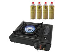 ASMGOLD Portable Gas Stove with Carry Case-For Outdoor Camping, Fishing and BBQ-Automatic Ignition System, Heat Control, Enamel Pan Support, Butane Can or LPG Gas Source-Black (Stove + 4 Butane Gas)