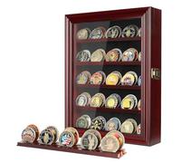 ASmileIndeep Military Challenge Coin Display Case Holder with HD Toughened Glass and Wall Mount, Wooden Coin Stand Rack with Removable 2 Grooves Shelves, Mahogany Finish…