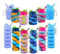 ASMIZ 12 Pack Collapsible Water Bottles Bulk for Kids, 500ml Silicone Foldable Drinks Bottle with Carabiner, Reusable Leakproof Sports Party Bag Cups for School, PE, Group Travel