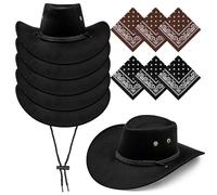 ASMIZ 6 Pack Black Cowboy Hats and 6 Pc Bandanas Set, Halloween Cowgirl Hat with Adjustable Drawstring, Western Costume for Party Stage Performance