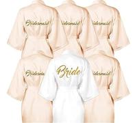 ASMIZ 6Pcs Bridesmaids Robes for Wedding, Light Champagne & White Kimono Robe for Women, Satin Bridal Robes Silky Wedding Robes for Proposal Hen Party Gift