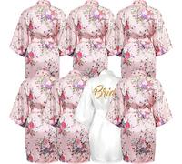 ASMIZ 7Pcs Bridesmaid Robes for Wedding, White Bride & Floral Satin Kimono Robes with Gold Glitter ‘Bride’ Letters for Spa Proposal Honeymoon Hen Party & Wedding Day Prep