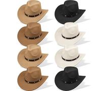 ASMIZ 8 Pack Texan Cowboy Hat Bulk, Classic Felt Cowboy Hats with Buckle Belt & Star Decoration, Wide Brim Cowgirl Cowboy Party Hats for Adult Men Women Western Party Fancy Dress Cosplay