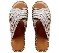 Asmoxo CLEO ESPADRILLE SLIDES- Womens Flat Slide Sandals Open Toe Espadrille Slip On Comfortable Cork leather Sandals, Khaki, 7 UK