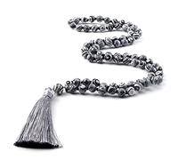 ASNAT Handmade Knotted Long Necklace 8mm Grey Malachite Natural Stone Mala Beads Tassel Necklace For Women Men,Grey Malachite