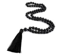 ASNAT Natural Stone Necklace 8mm Bright Black Onyx Beaded Knotted Mala Japamala Tassel Necklace,Bright Black