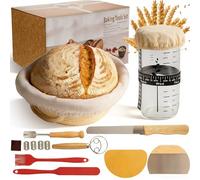 ASOBEAGE Sourdough Starter Kit - 11-Pcs Bread Making Set with Bread Knife, 9" Banneton Basket with Liner, Glass Starter Jar, Dough Whisk & Scrapers for Beginner Bakers