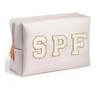 AsodSway Preppy Patch Cosmetic Bag - Summer White SPF Chenille Letter Makeup Bag, PU leather Travel Toiletry Kit Portable Waterproof Make Up Pouch Zipper Clutch, Summer Gifts for Women Girls