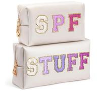 AsodSway Preppy Patch Cosmetic Bags - Valentine's Day 2P Purple STUFF SPF Chenille Letter Makeup Bag, PU leather Travel Toiletry Bag Portable Waterproof Bag Zipper Pouch for Women Girls