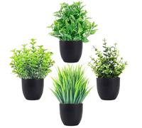 ASOENTIWOX 4Pcs Fake Plants Pots, Small Artificial Plants Indoor Outdoor, Desk Plants Mini Plant Pots for Desktop, Bathroom, Home Decor, 4 Different Shaped Plastic Plants