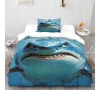 ASOERISMB Shark Blue Bedding Set 3D Design Animal Theme Marine Animal Duvet Cover Set Microfiber Quilt Cover Universal for All Seasons with Pillowcase Single（135x200cm）