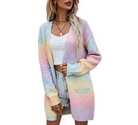 ASOMI Women's Long-Sleeved Rainbow: Winter Autumn Spring Transition Jacket Fashion Softshell Jacket Casual Pullover Cardigan Elegant Knitted Colourful Stripes Pocket Leisure Jacket, Aa pink, M