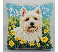 ASONGLINGO DIY Latch Hook Pillow Kits for Adults Pillow Cover with Preprinted Throw Pillowcase Crochet Yarns Embroidery Latch Hooking 17x17inch(Dog in The Flowers)